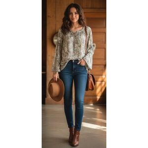 Almost Famous Floral Paisley Peasant Bell Sleeve Top